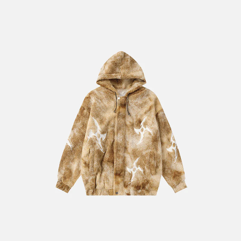 Men’s Winter Fleece Fluffy Hooded Jacket - Brown Patterned Streetwear